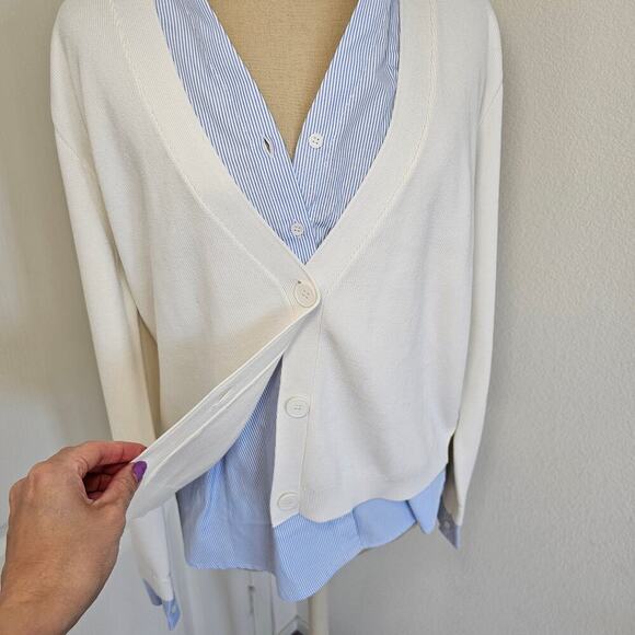 English Factory Mixed Media Cardigan Sweater White Blue Size Large - Picture 9 of 12